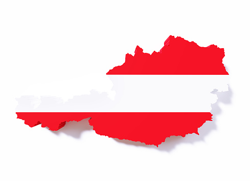 International border of Austria textured with Austrian flag on white background. Horizontal composition with clipping path and copy space.