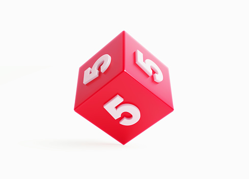 Number five written red cube on white background. Horizontal composition with copy space.