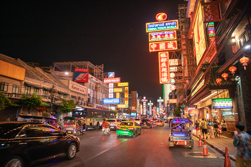Bangkok, Thailand, April 26, 2023: City street night with crowd\npeople in Thailand's Yaowarat market