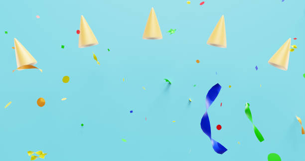 istock Falling colorful confetti and caps on a blue background. 3d rendering 1485407080