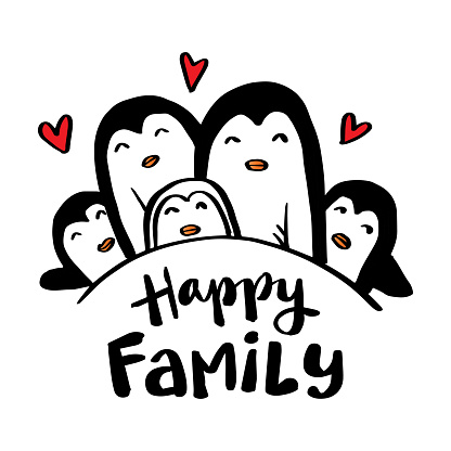 Happy family with cute penguin cartoon