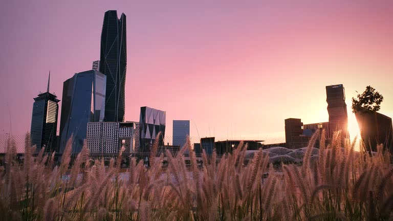 Sunset behind the financial center in downtown Riyadh