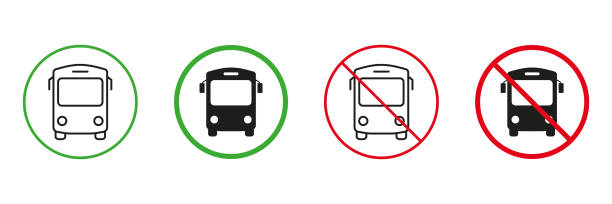 illustrazioni stock, clip art, cartoni animati e icone di tendenza di segnale di avvertimento stradale rosso e verde della stazione degli autobus. pittogramma della navetta scolastica. permesso di trasporto pubblico della città e segnali stradali non ammessi. linea di autobus di viaggio e set di icone silhouette. illustrazi - shuttle bus vector isolated on white bus