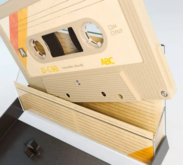 A concept of a recordable aduio cassette tape with a platic cover and cardboard insert - 3D render