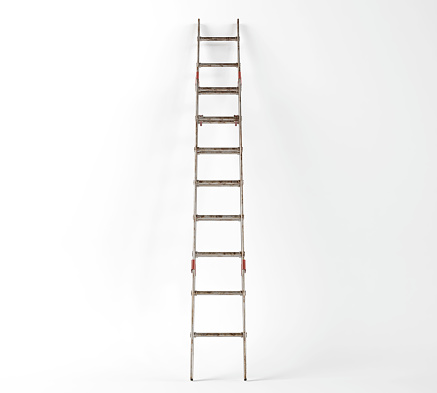 A regular metal aluminium extendable step ladder leaning against a white studio background - 3D render