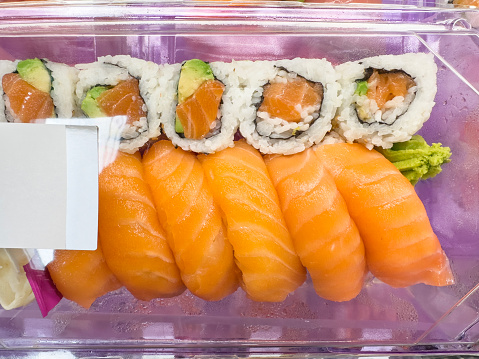 Fresh sushi box in a market retail display