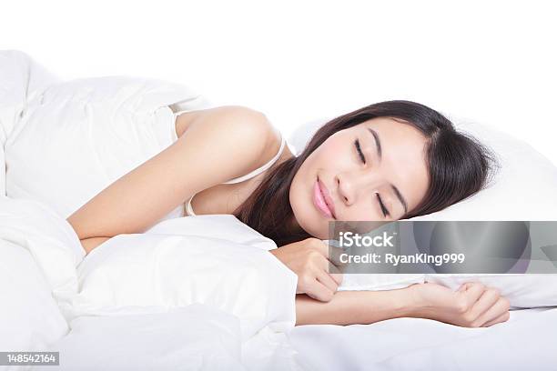 Sleep Girl On Bed In The Morning Stock Photo - Download Image Now - Sleeping, Smiling, Women