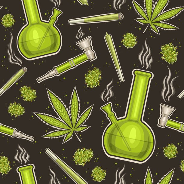 Vector Cannabis Seamless Pattern Vector Cannabis Seamless Pattern, repeating background with illustrations of set flat lay medicinal cannabis buds, marijuana leaf, weed paper roll, glass cannabis hookah with water for wrapping paper blunt stock illustrations