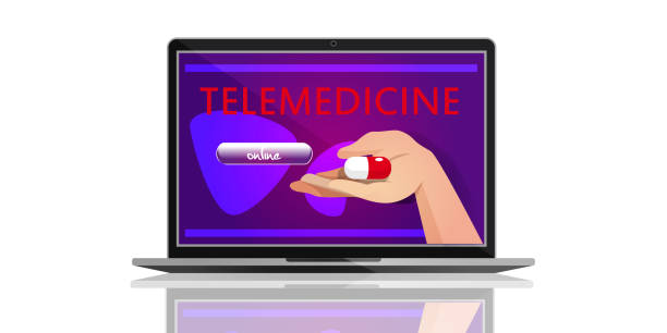 istock Telemedicine concept in flat style. Doctor's hand holding a tablet in a laptop on an isolated white background. 1485425734