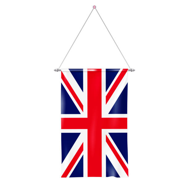 приколотый прямоугольный вымпел флага великобритании на металлическом шесте, изолированном на белом фоне, реалистичный вектор. висящий фл - vector british flag english flag white stock illustrations
