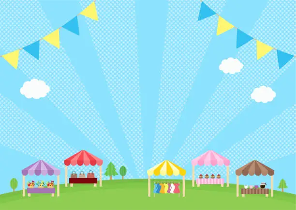 Vector illustration of Vector illustration of a fairground with tents, flags and garlands