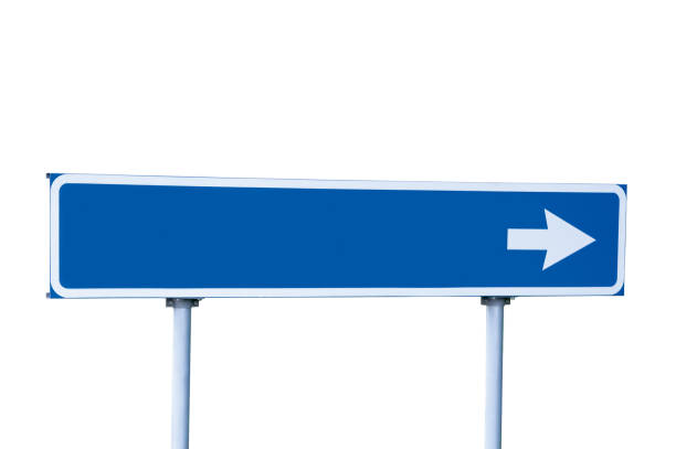 istock Right crossroads route direction pointer signpost road sign, white traffic arrow frame, blank empty guidepost copy space background, blue isolated roadside signage, grey pole post, large detailed horizontal closeup 1485436766