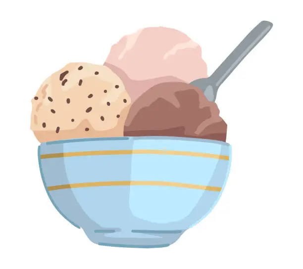 Vector illustration of Ice cream balls in bowl clipart. Doodle of summer sweet food isolated on white. Colored vector illustration in cartoon style.