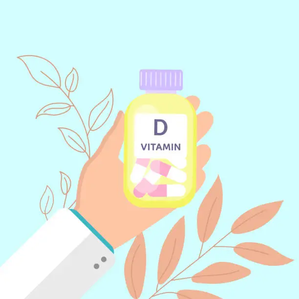 Vector illustration of Hand holding vitamin D bottle.