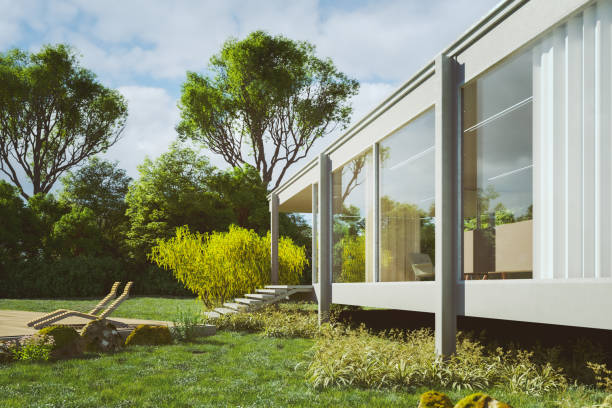 istock Modern house in with lush green garden 1485438949