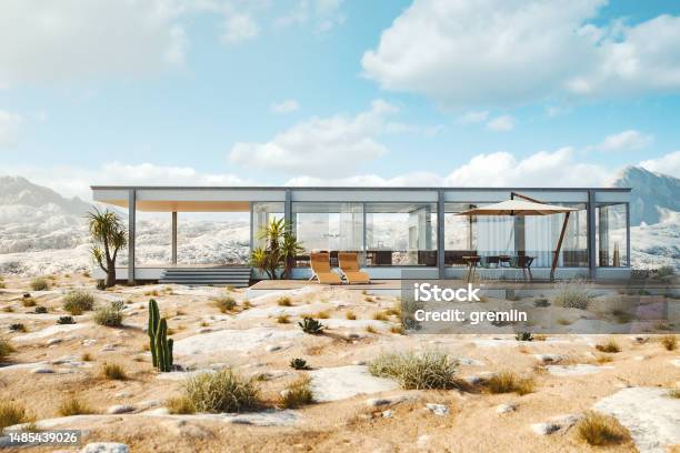 Modern House In Hot Desert Area Stock Photo - Download Image Now - Desert Area, Modern, House