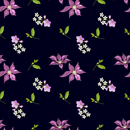 Bright floral pattern from different flowers in bouquets with small leaves on a black background - vector seamless illustration for the design of fabric, scarves, shawls