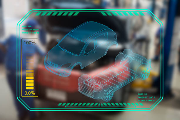 istock Car engine checks with hologram in dashboard interface on blurry repairman in garage. 1485440800