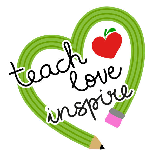 Art & Illustration Teach Love Inspire - colorful typography design with red apple. Thank you Gift card for Teacher's Day. Vector illustration on white background with red apple and pencil. Back to School with pencil. teacher clipart stock illustrations