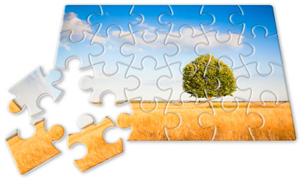 istock Restore natural balance concept with lone tree in a rural scene - environmental conservation concept in jigsaw puzzle shape 1485444952