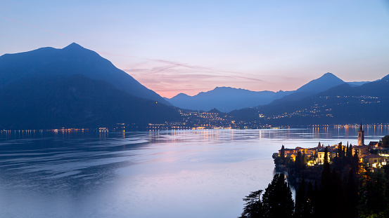 Stunning view at dusk looking over Varenna on Lake Como, Italy