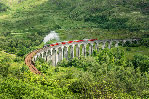 El tren de vapor jacobita en el viaducto de Glenfinnan en North West Highlands, Escocia, Reino Unido. El tren y el puente han aparecido en las películas de Harry Potter. photo
