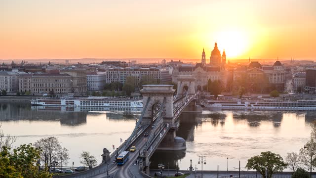 Budapest Hungary time lapse 4K, city skyline sunrise timelapse at Danube River with Chain Bridge and St. Stephen's Basilica