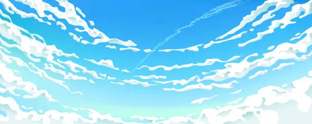 Vector illustration of Blue Sky White Clouds Clear Sunny Day Landscape. Vector Sky in anime style.