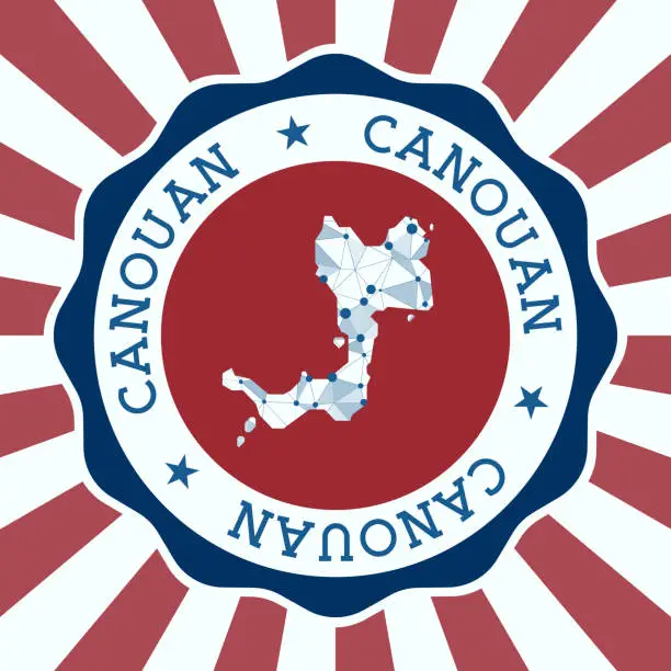 Vector illustration of Canouan Badge. Round logo of island with triangular mesh map and radial rays. EPS10 Vector.