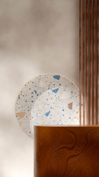 istock 3d rendering scene template wood textured podium in portrait textured wall blue terrazzo 1485449015