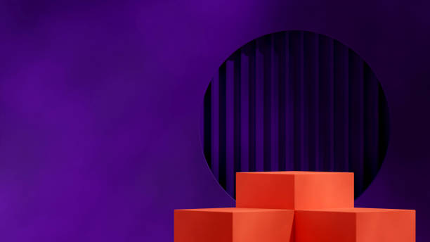bright orange block podium in landscape dark purple circle wall, 3d image render blank mockup