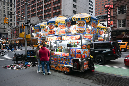 New York City, United States, April 7, 2023 - Fast food kiosk on Seventh Ave near Time Square, New York, North Hudson, United States.