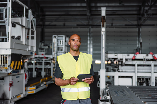 Medium shot with blurred background of a mid-adult Latin-American aeronautic engineer looking serious to the camera and holding a tablet while wearing a green and gray protective uniform as a part of his routine at the warehouse of the airport.