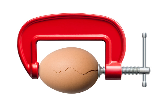Clamp compression tool with cracked egg isolated on white background.