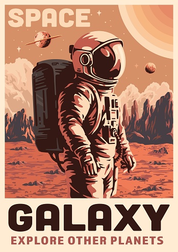 Lonely astronaut colorful vintage poster with brave man in spacesuit landing alone on surface of space planet vector illustration
