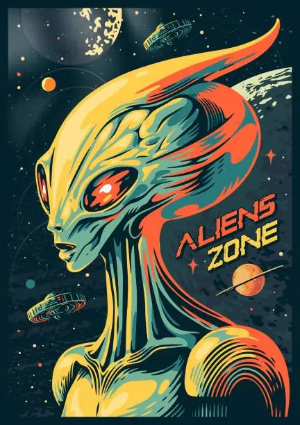 Vector illustration of Aliens zone colorful vintage flyer