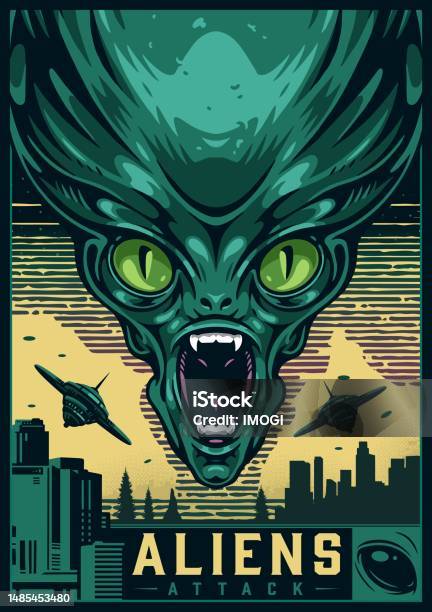 Aliens Attack Monochrome Set Label Stock Illustration - Download Image ...