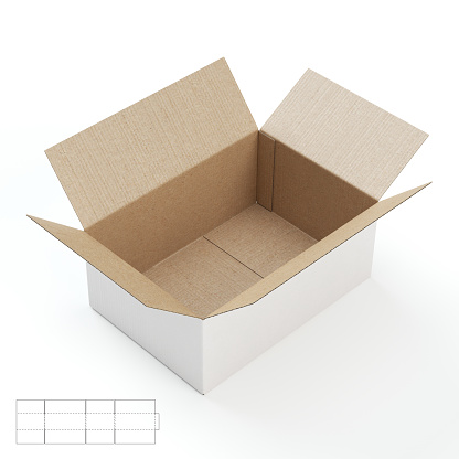 This is a 3D illustration of a standard box with blueprint drawing