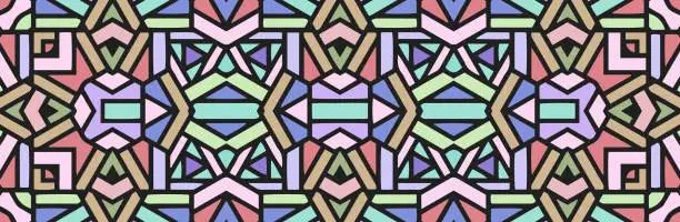 Vector illustration of Banner, stained glass cover design. Ethnic tribal boho pattern, ornaments. Geometric colorful background in avant-garde style, abstract art. Motives of the East, Asia, India, Mexico, Aztecs.