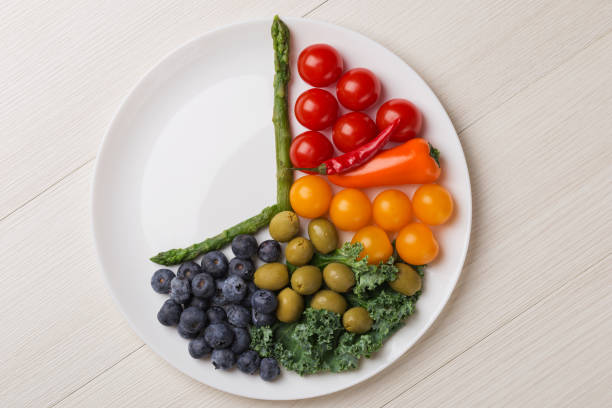 istock Interval fasting diet concept represented with a plate and products on white wood table. Organic meal. Weight loss concept. Healthy eating. 1485455110