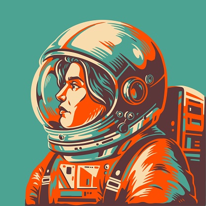 Woman astronaut colorful vintage poster with spacesuit and satchel to supply human with oxygen during spacewalk vector illustration
