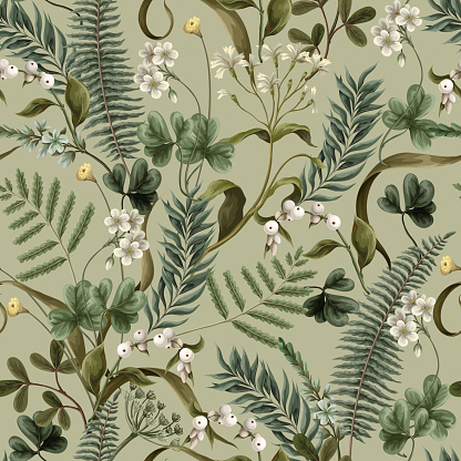 Seamless pattern with white flowers,  fern and leaves. Botanical illustration. Vector.