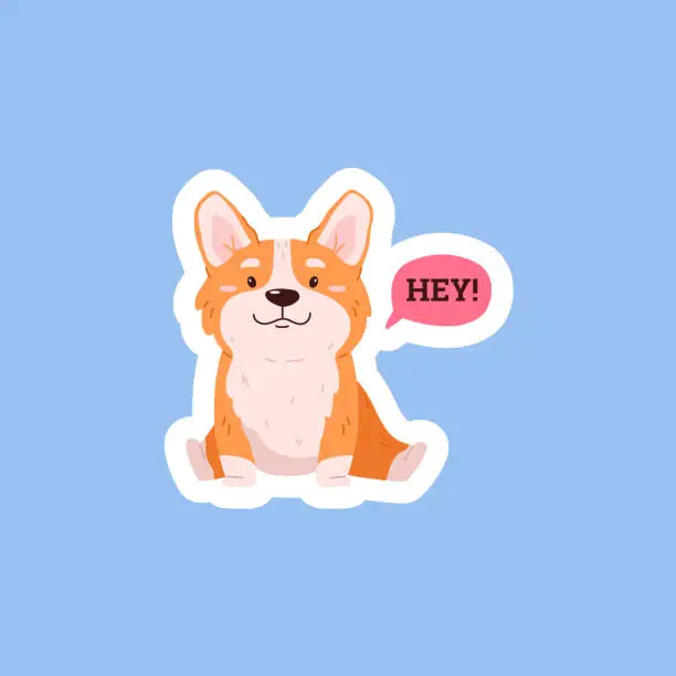 Vector illustration of Sitting lovely corgi dog saying Hey, flat cartoon vector illustration isolated.