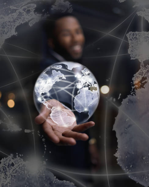 istock Hologram, hand and global with communications, futuristic and software for networking, digital and connection. Black man, earth and holographic with innovation, future or international cyber security 1485459113
