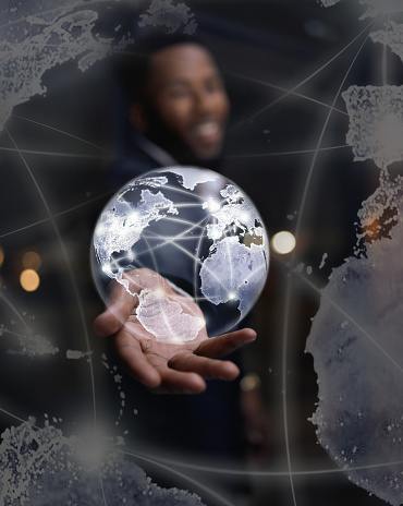 Hologram, hand and global with communications, futuristic and software for networking, digital and connection. Black man, earth and holographic with innovation, future or international cyber security