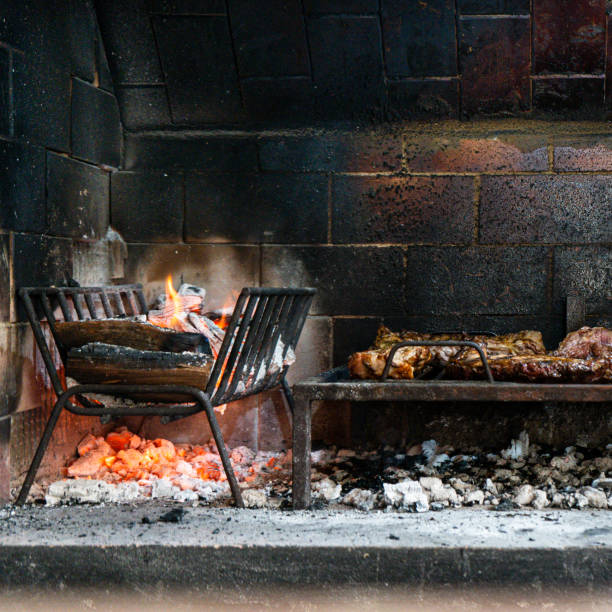 Flames of fire and roasted meat.  Argentinian barbecue.