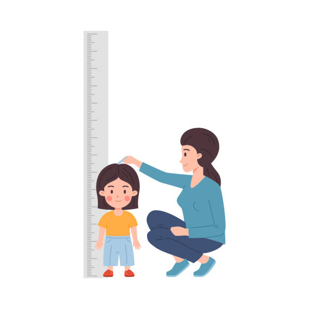 istock Mother measuring daughter's height on wall sticker, flat vector illustration isolated on white background. 1485459229