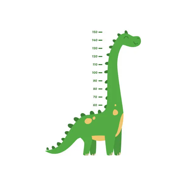 Vector illustration of Height measurement chart with cute dinosaur, cartoon flat vector illustration isolated on white background.
