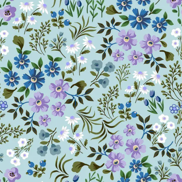 Vector illustration of Ditsy seamless pattern with simple small flowers. Vector.