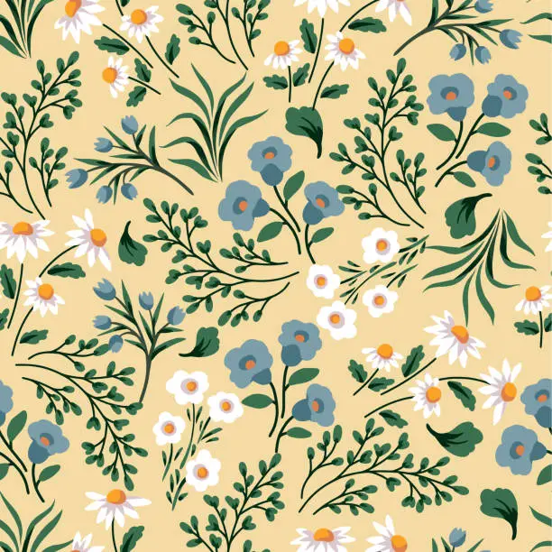Vector illustration of Ditsy seamless pattern with simple small flowers. Vector.
